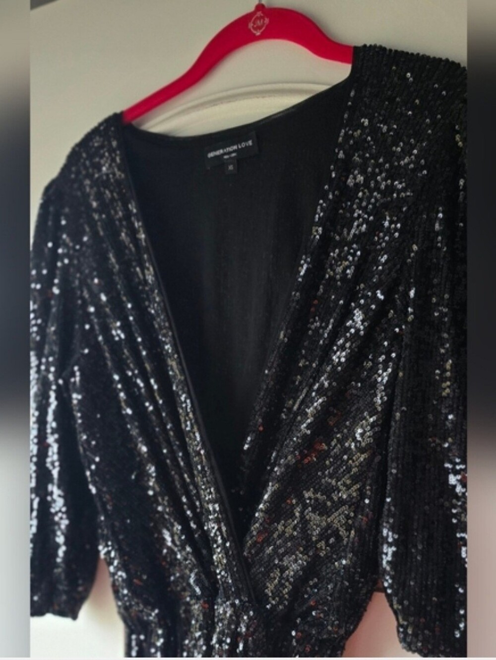 Generation Love Sequin Jumpsuit Black XS Faux Wrap V-Neck Holiday Party NYE Glam - Picture 7 of 16